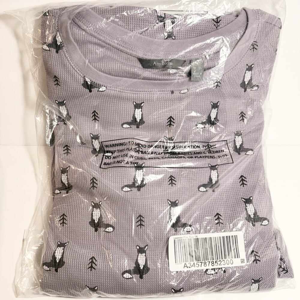 AnyBody Purple Thermal Pajama Set New Fox Print 1X Womens Warm Winter Cozy PJs